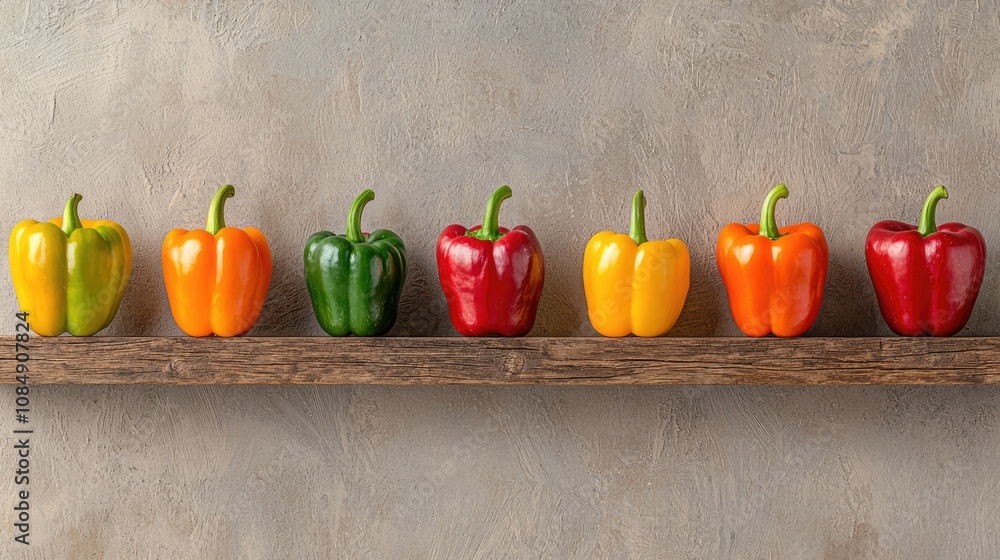 Aufkleber symmetrical array of fresh vibrant bell peppers on wooden shelf - artistic presentation in high reso