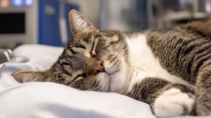 Cat Resting After Recovery in Veterinary Care Area