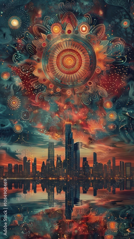 Poster a surreal cityscape with an intricate abstract design in the sky.