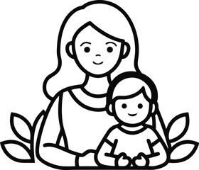 Mothers Day line art vector Single line drawing Woman hold her baby Vector illustration