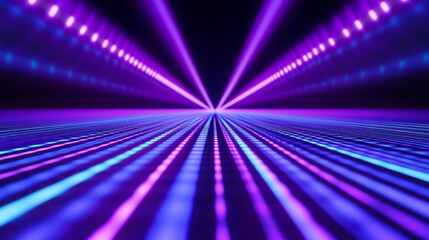 Obraz premium 3D futuristic retro grid purple blue neon light technology digital grid abstract background copy space. pattern with rays lines and dots club bar disco geometric cyberpunk electronic data wallpaper