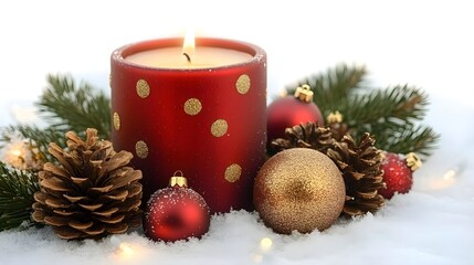 Red Candle with Gold Dots on Snowy Christmas Scene