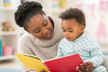 A mother and her young child are engaged in a delightful reading session. They sit closely on the floor of a well-lit living room, sharing a colorful book and fostering a love for storytelling in a wa