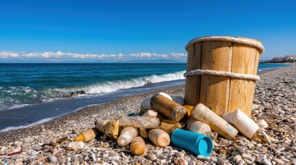 Naklejka premium Environmental Pollution Beach litter and waste pollution scene Coastal , Cleanup
