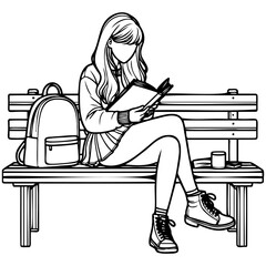 Woman Reading Book Sitting on Bench Illustration.