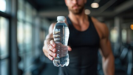 A man in a sleeveless black tank top offers a bottle of water in a gym setting. He is engaged in a workout routine, showcasing a focus on hydration and fitness. The well-lit background highlights the 