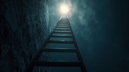 Capture the essence of ambition with a ladder reaching towards a glowing light, Ladder to light scene, Inspirational style