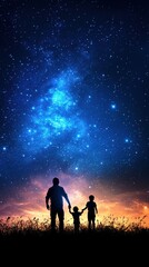 Fototapeta premium A silhouette of an adult and two children gazing at a starry night sky, evoking a sense of wonder and connection to the universe.