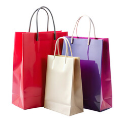 Different sizes of Brown recycled paper shopping bag and Different color paper shopping bag with handles for shopping isolated on transparent background