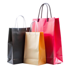 Different sizes of Brown recycled paper shopping bag and Different color paper shopping bag with handles for shopping isolated on transparent background