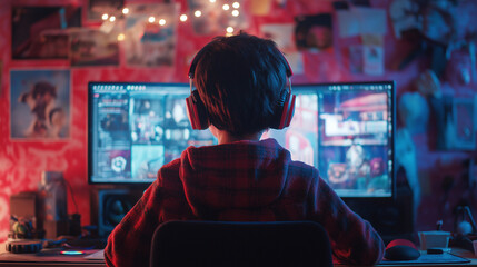 A boy in a gray hoodie sits at a computer and looks at the monitor in neon lights