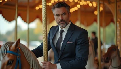 Businessman on a carousel with a serious expression