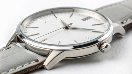 watch.Minimalist Silver Wristwatch with White Face Isolated on a Pure White Background"
