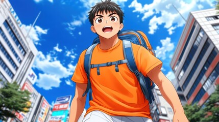 Naklejka premium Happy Young Man Backpack Travel Cityscape Summer