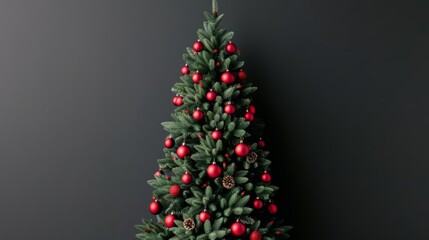 Fototapeta premium Christmas tree with red ornaments against a dark background.