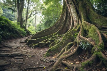 A winding path leads through a forest filled with large trees and their intricate roots.