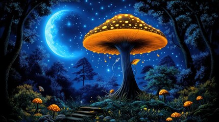 Enchanted Forest Night Scene Glowing Mushroom Moon Stars Fantasy