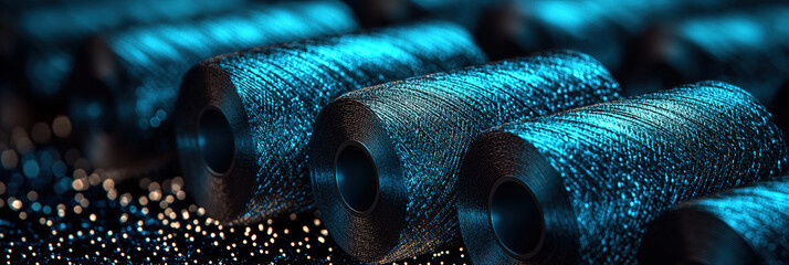 Spools of metallic thread in vibrant blue create stunning visual effect, showcasing intricate textures and shimmering details that evoke sense of creativity and craftsmanship