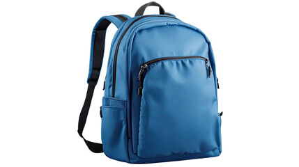 A blue backpack isolated on a white background with a zipper, handle, and accessories for travel, school, or hiking