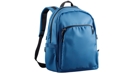 A blue backpack isolated on a white background with a zipper, handle, and accessories for travel, school, or hiking