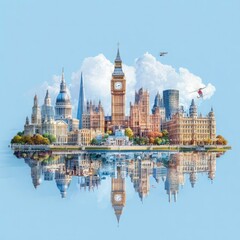 Global Icons: A Collage of World Landmarks and Monuments on a Panoramic Background for International Travel, Study, and Business