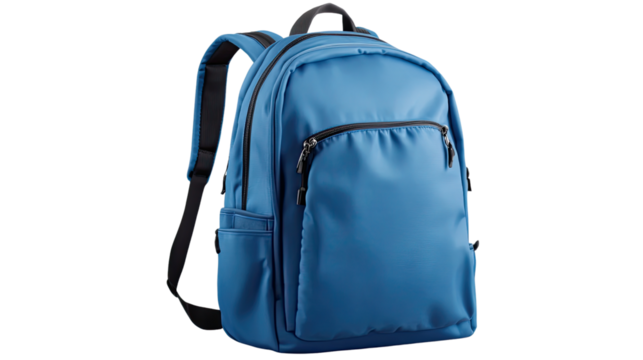 A blue backpack isolated on a white background with a zipper, handle, and accessories for travel, school, or hiking