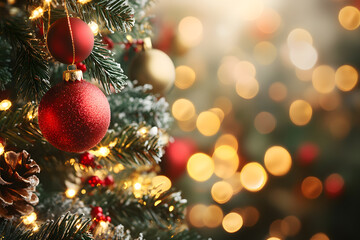 Elegant Christmas Decorations with Festive Ornaments, Sparkling Lights, Red and Gold Accents, and Cozy Holiday Charm for a Winter Wonderland Setting