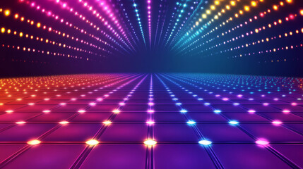 Naklejka premium 3D futuristic retro grid colorful rainbow neon light technology digital grid abstract background copy space. pattern with rays lines and dots club bar disco geometric cyberpunk electronic dance wallpa