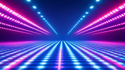 Obraz premium 3D futuristic retro grid colorful rainbow neon light technology digital grid abstract background copy space. pattern with rays lines and dots club bar disco geometric cyberpunk electronic dance wallpa