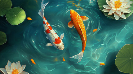 Two koi carps swimming in a lotus pond