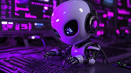 Fototapeta premium Cute Robot Coding in Purple Neon Room AI Technology Future