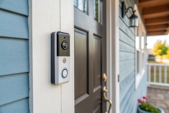 A smart video doorbell is mounted beside a stylish front door of a contemporary house. The door features a sleek design, with a polished handle and framed porch, set against a backdrop of light blue s