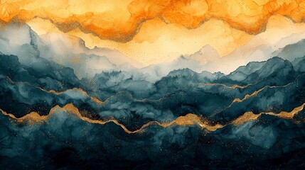 Abstract landscape with vibrant orange and deep blue hues, evoking a serene atmosphere.