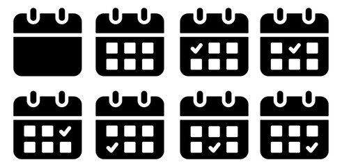 Calendar icon collection. Calendar icon with check mark, indicating a completed schedule, appointment, agenda or task. Simple solid vector