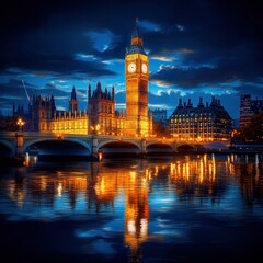 Fototapeta premium London Nightscape: Illuminated Big Ben, Westminster Palace & Bridge over Thames