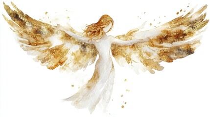 A Christmas angel figure, decorative ornament, soft watercolor painting, gold and white tones, isolated on white background