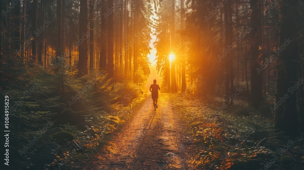 Aufkleber convey the concept of personal growth with a person running on a path through a forest towards a dis