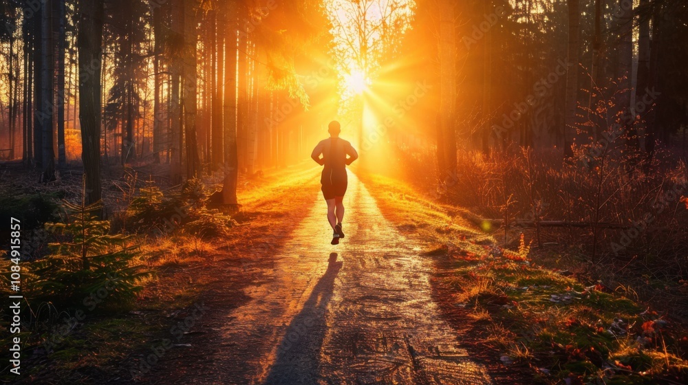 Aufkleber convey the concept of personal growth with a person running on a path through a forest towards a dis
