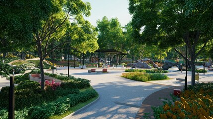 A Tranquil Park with Green Trees and Pathways