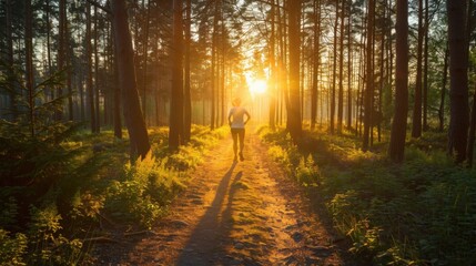 Obraz premium Convey the concept of personal growth with a person running on a path through a forest towards a distant sunrise, Running towards sunrise scene, Inspirational style