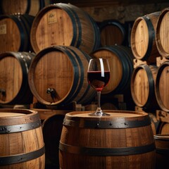 Fototapeta premium The concept of producing and tasting strong alcoholic beverages, In a classic basement with rows of wine barrels, a glass of red wine rests on an oak barrel.