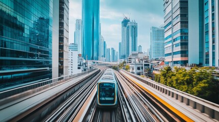 Fototapeta premium Panoramic View of Train Passing Through City Skyline