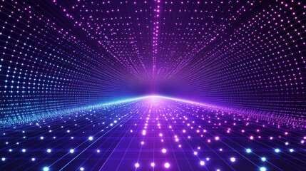 Fototapeta premium 3D futuristic retro grid purple blue neon light technology digital grid abstract background copy space. pattern with rays lines and dots club bar disco geometric cyberpunk dance LED wallpapaer