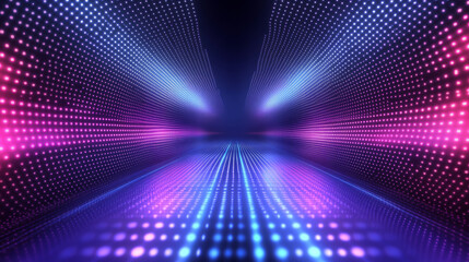 Obraz premium 3D futuristic retro grid purple blue neon light technology digital grid abstract background copy space. pattern with rays lines and dots club bar disco geometric cyberpunk dance LED wallpapaer