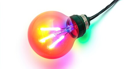 A Christmas light bulb, string light element, colorful neon effect, glowing vibrant hues, isolated on white background 