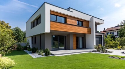 Fototapeta premium Modern Wooden Frame House Under Construction in Lush Landscaping