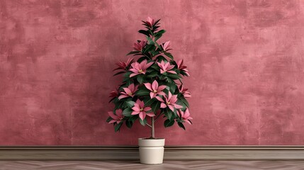 Fototapeta premium Pink poinsettia plant in a pot against a textured wall.
