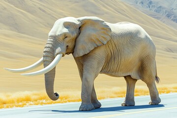 Large African Elephant Walking Across Road Desert Background