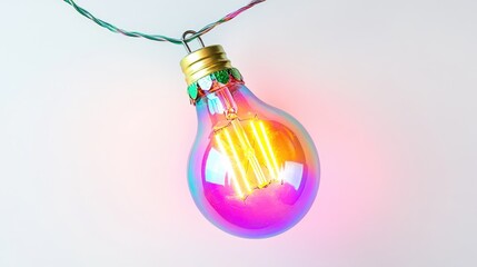 Fototapeta premium A Christmas light bulb, string light element, colorful neon effect, glowing vibrant hues, isolated on white background 