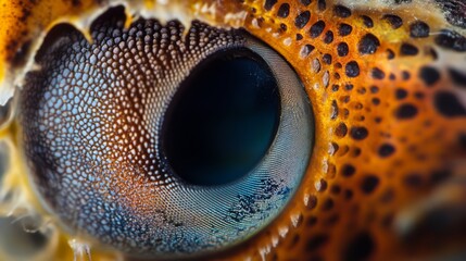 Close-up of a gecko's eye with a vibrant blue iris, surrounded by textured, orange and black scales.